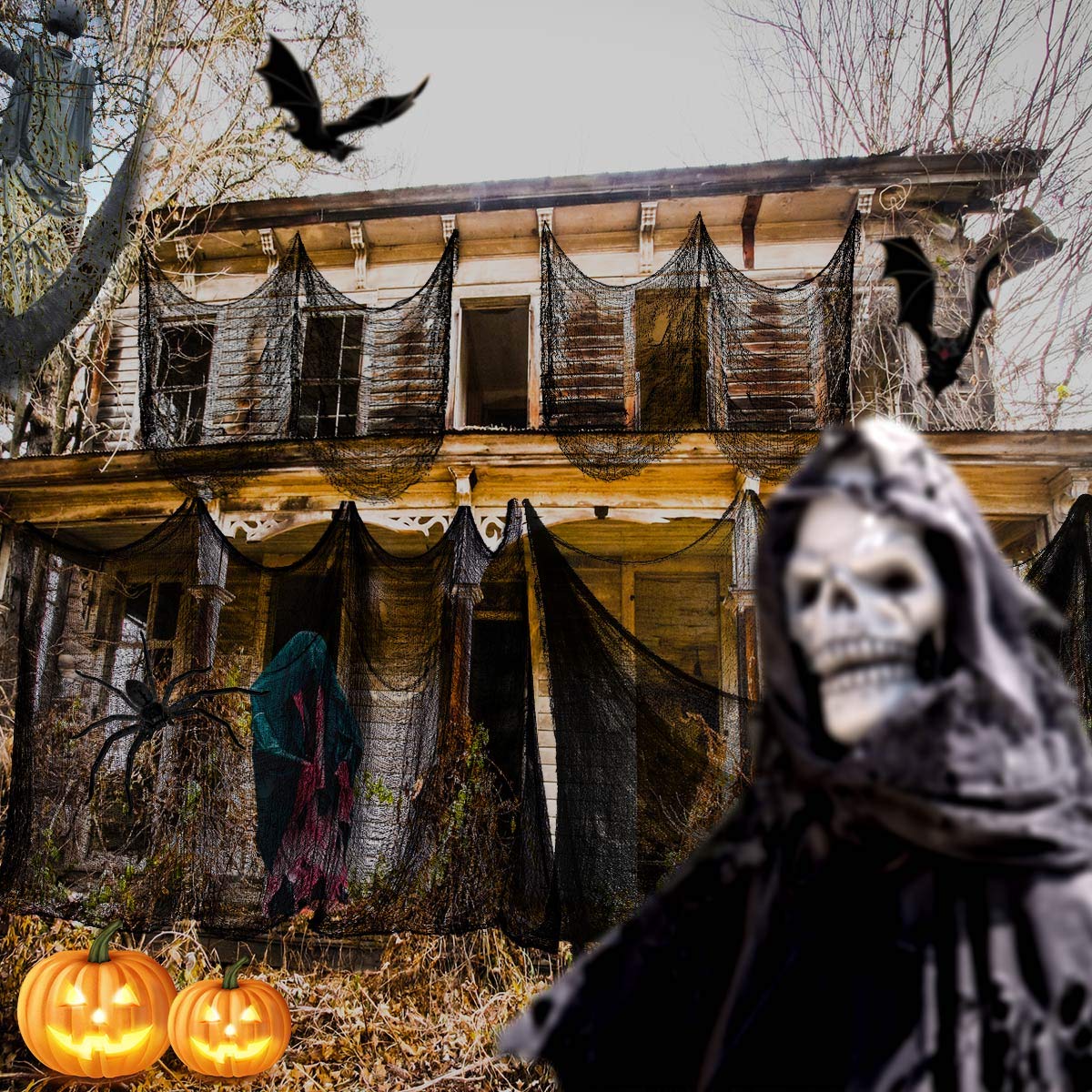 Tmflexe Halloween Creepy Cloth Giant (80 x 400 in.) Scary Gauze Cloth Spooky Halloween Decorations Party Supplies Decor Outdoor Yard Home Wall Haunted House Doorways Patio Garden Black