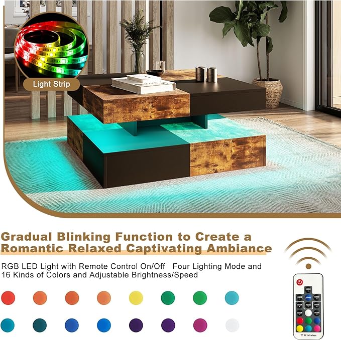 HedoAjim LED Coffee Table for Living Room, Living Room Table 2-Tier Square