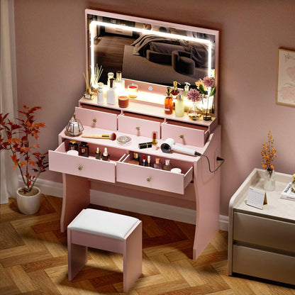 COMHOMA Makeup Vanity Desk with Mirror and Lights, Vanity Table and Chair Set with 5 Drawers and Charging Station, Bedroom Dresser LED Mirror Stepless Dimmable & 3 Color Modes Adjustable, White