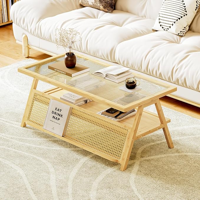 Bamworld Coffee Table with Storage Mid-Century Modern Coffee Table Boho