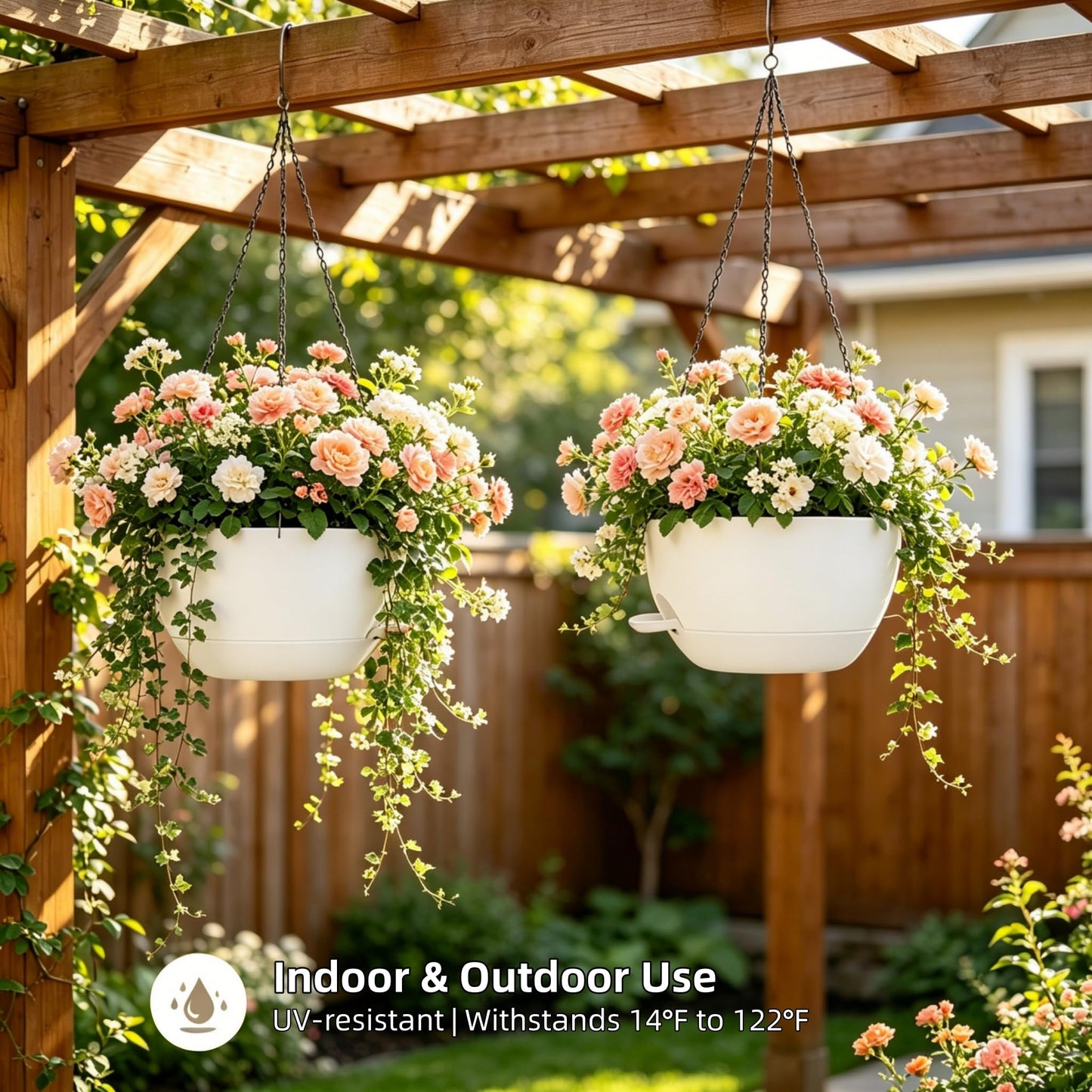 zople 2 Pack 12 Inch Self Watering Hanging Planters for Indoor Plants, Large White Plastic Hanging Pots with Chains for Outdoor Patio Garden Home Decor White