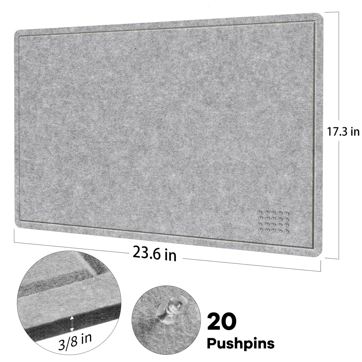 Lightomorrow Bulletin Board, 24 x 18 inches Felt Board - Decorative Pin Board, Cork Board Alternative for Wall, Foldable Self-Adhesive Vision Board Prayer Board with 20 Pushpins-Silver Gray