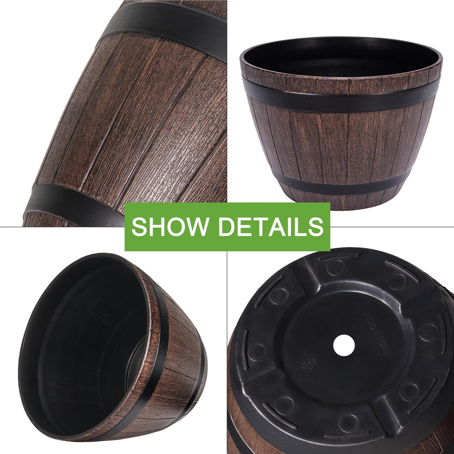 VECELO Plant Pots with Drainage Holes & Saucer, 13 Inch Flower Pots with Tray, 3 Pack Plastic Whiskey Barrel Planters for Indoor & Outdoor Garden Home Plants and Flowers
