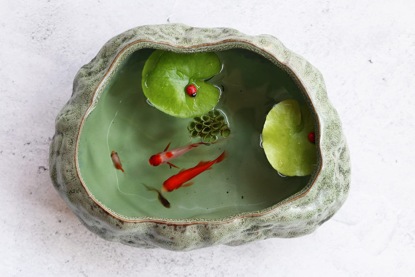 Bonsai Lotus Pot, Shallow Succulent Planter Pot, Goldfish Pot, Premium Ceramic with Decorative Copper Patina Glaze