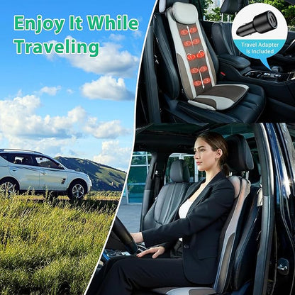 Shiatsu Back Massager with Heat, Massage Chair Pad Seat Cushion for Stress Relief, Deep Tissue Kneading & Roller, 2 Vibration Motors, Back Waist Hip Massager, PU Leather, with 2 Adapters