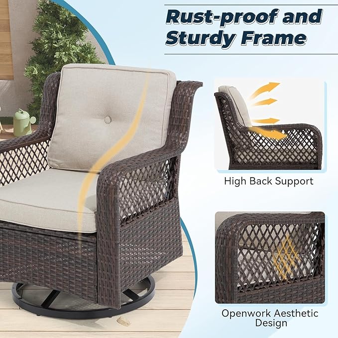 3 Pieces Patio Swivel Chairs, Wicker Patio Conversation Sets