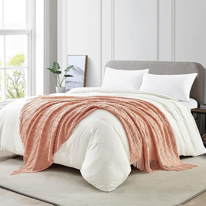 BOURINA Orange Throw Blanket 50 x70 Inches Jacquard Argyle Throw Textured Solid