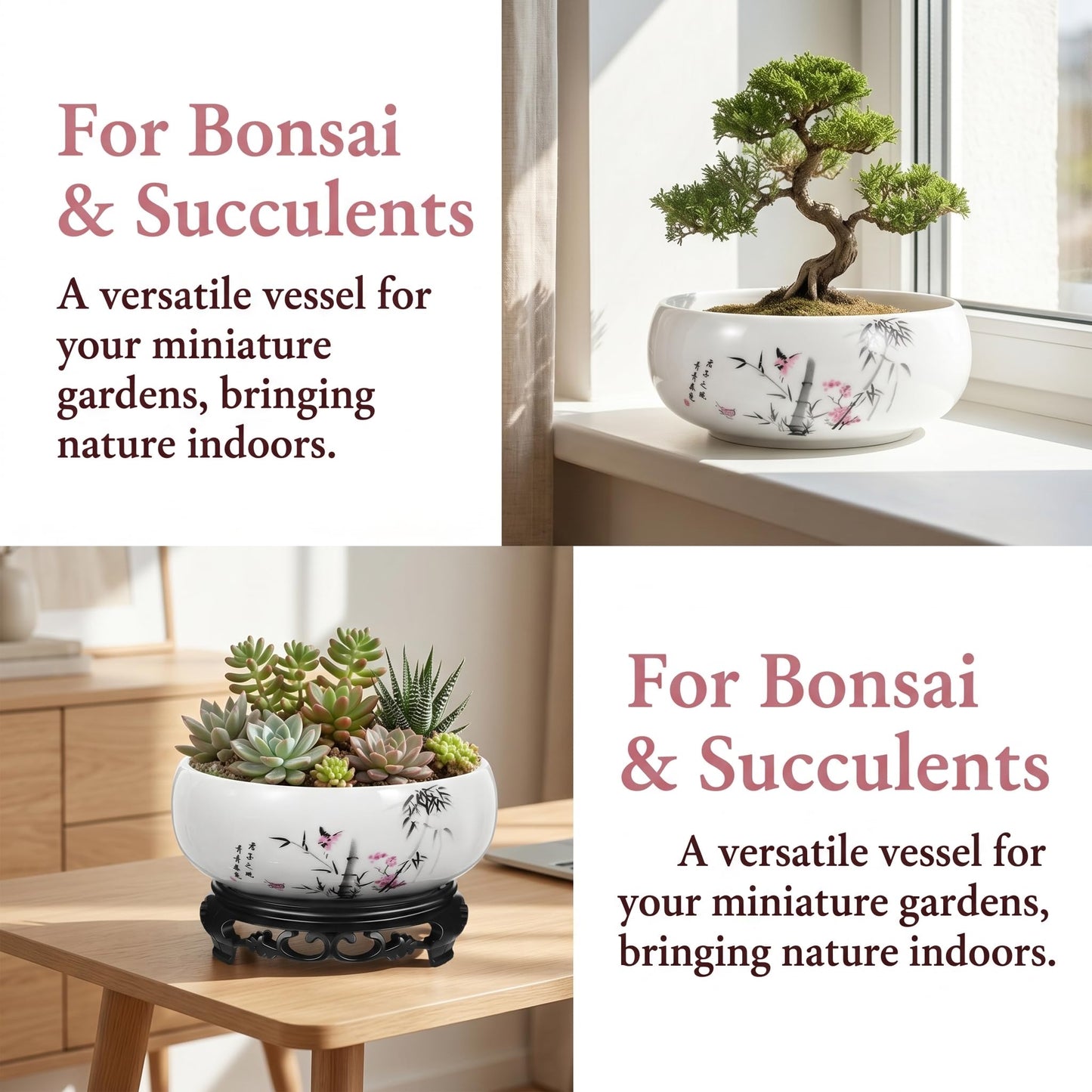 Homoyoyo Ceramic Lotus Bowl, Planter Hydroponic Water Lily Bowl 6.9In Aquatic Plant Pot Wide Shallow Bonsai Planter Succulent Pot Chinese Style Flower with Plastic Base for Indoor Plants Garden