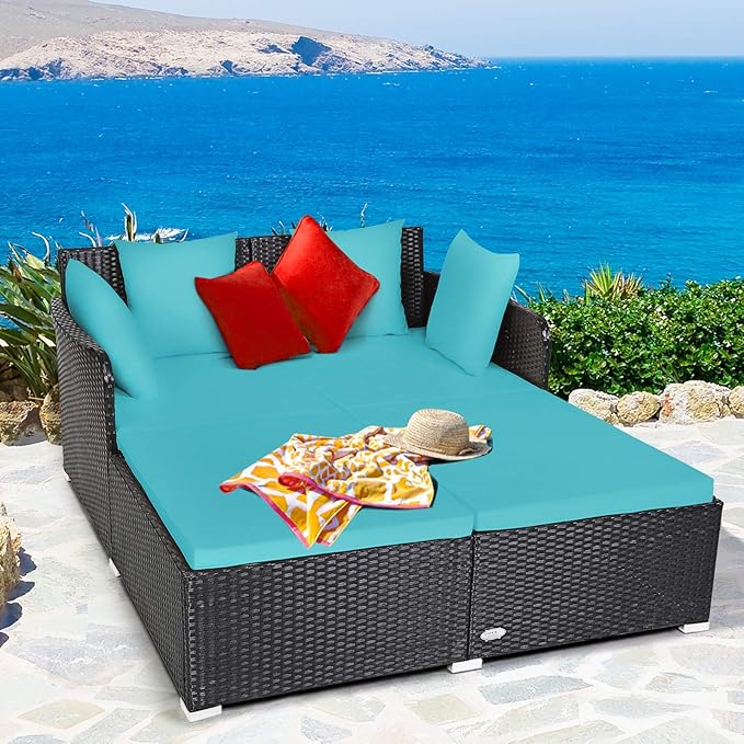 COSTWAY Outdoor Patio Rattan Daybed, Sponge Cushioned Loveseat Sofa