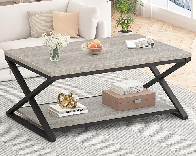 HSH Rustic Grey Coffee Table, Modern Minimalist Living Room Table
