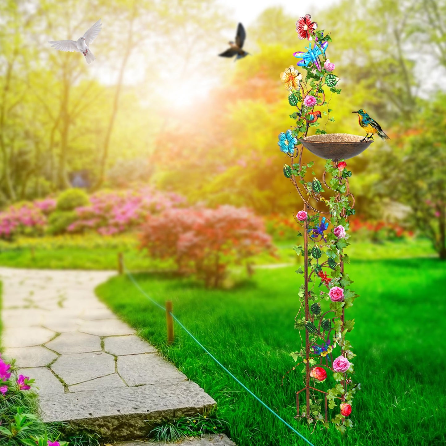 YADOOLIFE 57” Bird Bath with Garden Trellis for Climbing Plants Outdoor, Small Decorative Trellises Metal Birdbath Bird Baths, 1 Piece (Dragonfly)