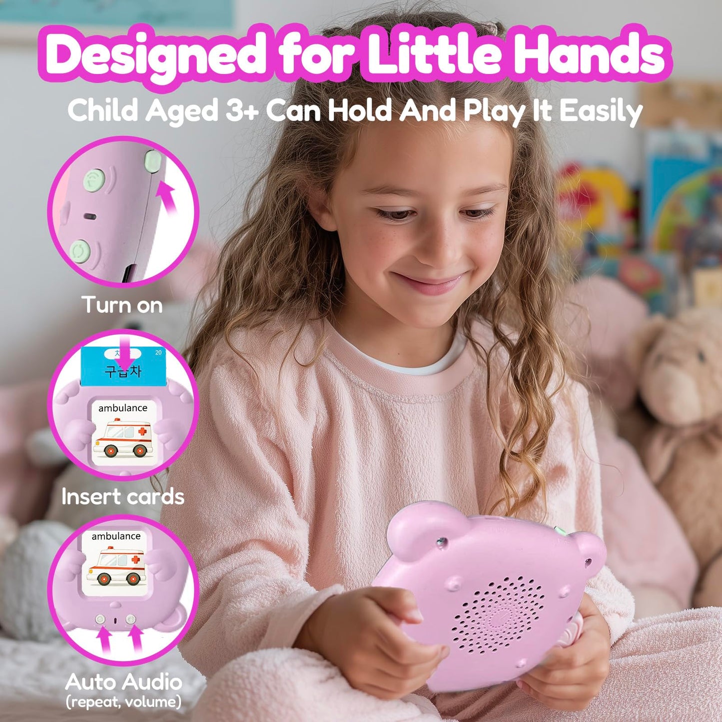 MoLingvora Bilingual Talking Flash Cards for Kids - Korean English Flashcards Children Adults, 510 Sight Words, ABC Alphabet, Pocket Speech for Toddlers, Audible Sensory Toys (Korean, Pink)