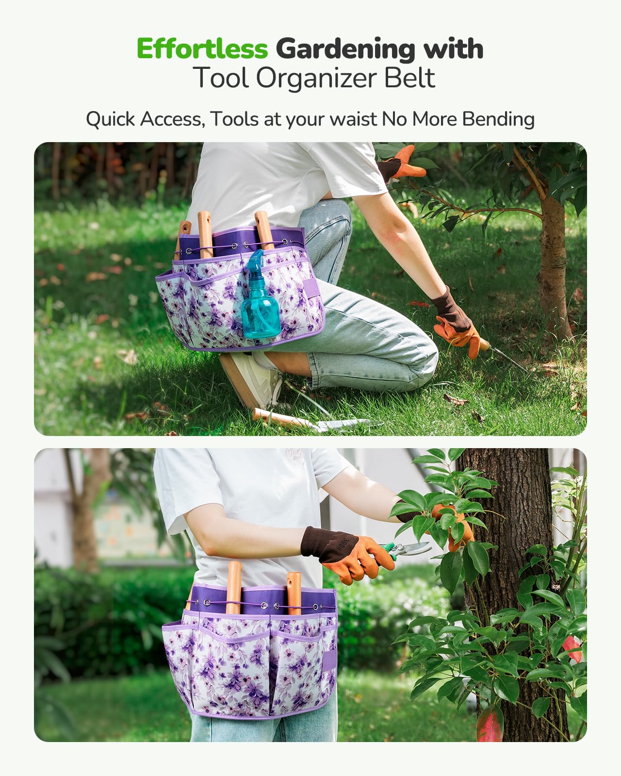 Grenebo All-in-One Garden Tool Set with Tools Organizer Belt Adjustable, 10-Piece Gardening Hand Tools, Long Lasting Rust-Proof Premium Garden Tool Kit, Gardening Gift for Women Men (Purple)