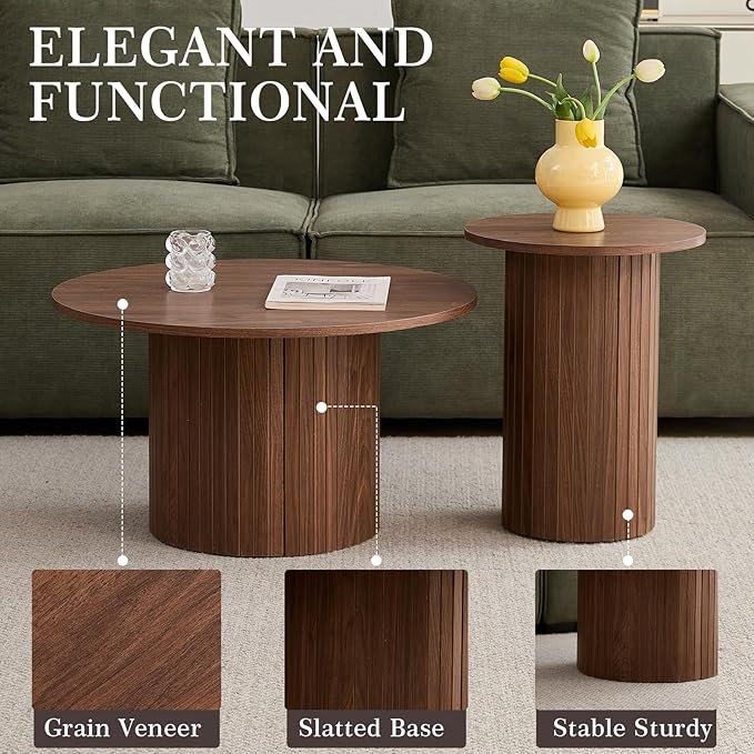 Round Nesting Coffee Table Set of 2 Mid Century Modern Wood Round Coffee Tables