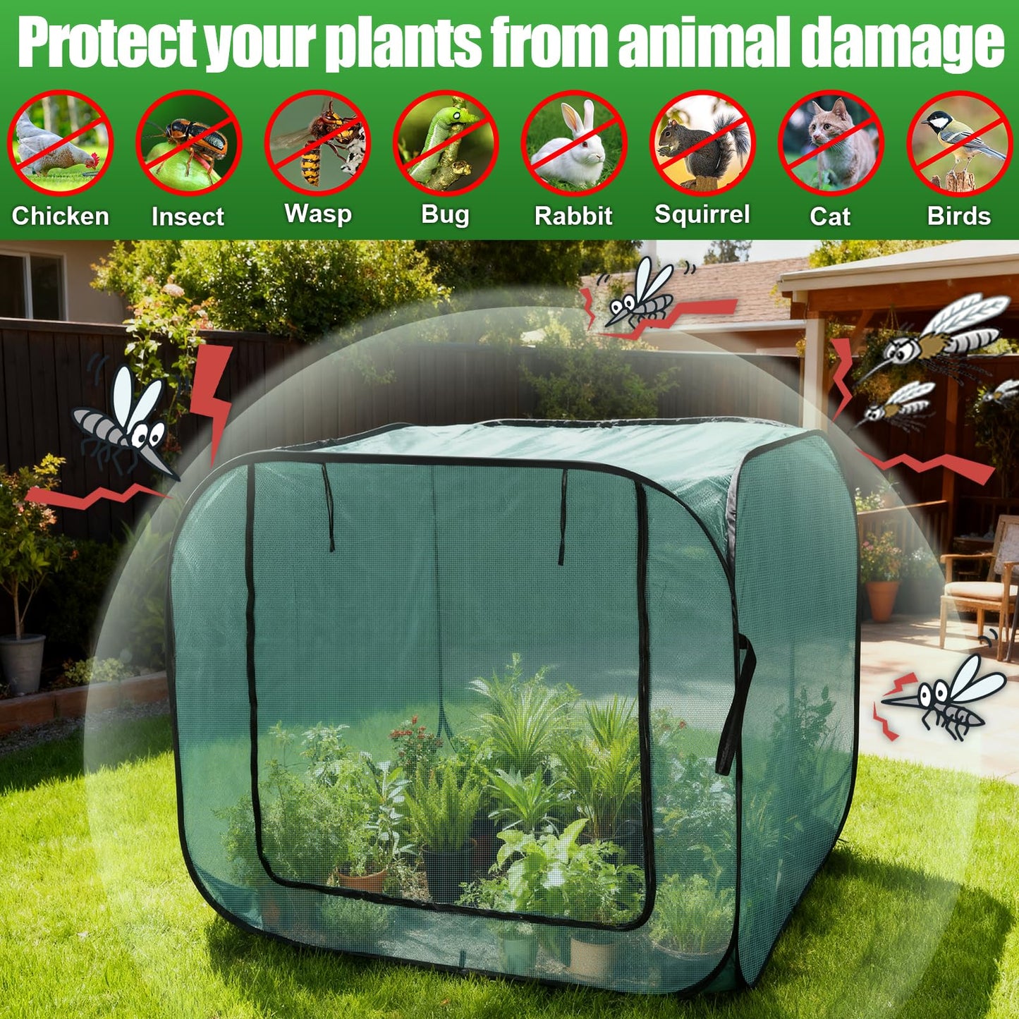 RGQSUN 1Pcs 47 x 47 x 43in Pop-up Garden Mesh Plant Cover,Large Pest Guard Cover,Plant Gardening Net Cover with Zip and Stakes for Protecting Vegetable Fruits Plant from Birds Insects
