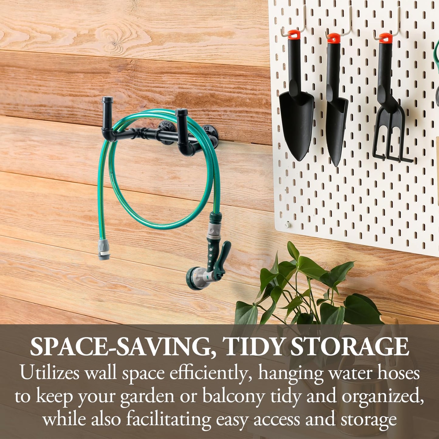 MyGift Wall Mounted Garden Water Hose Hanger, Industrial Matte Black Metal Hanging Waterhose Reel Holder Storage Rack with Decorative Dual Pipe Fittings