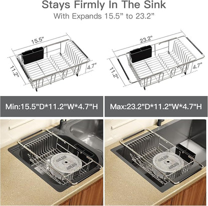 MAJALiS Dish Drying Rack Over The Sink with Utensil Holder, Drainboard | Expandable Stainless Steel Dish Drainer for Small Kitchen, Apartment, RV, Counter Space Saving, Perfect Fit, Rustproof