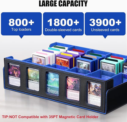 Trading Card Storage Box with Commander Display , 5-Row Deck Case with Removable Lid; 3900+ Card Deck Box for MTG TCG Sports Card, 5 Top Loaders, 5 Stoppers, 48 Dividers,1 Dice Tray (Black Blue)