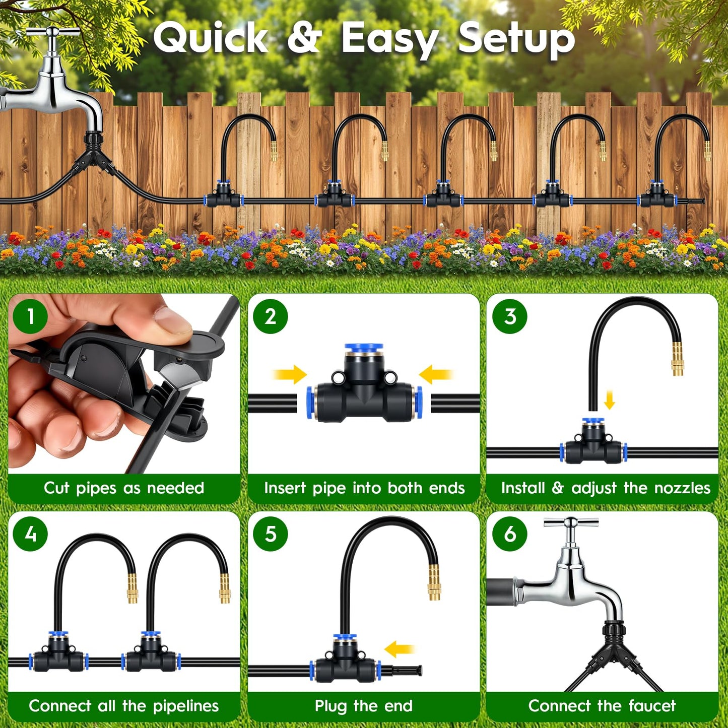 100Ft 360° Adjustable Drip Irrigation System Kit, 1/4 Inch PE Tubing with 20 Bendable Nozzles, Automatic Garden Watering System for Greenhouse, Lawn, Raised Bed, Flower Bed
