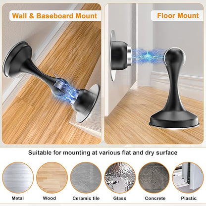 Crosize Magnetic Door Stoppers 2 Pack, Stainless Steel Door Stops, Wall-Mounted and Floor Mounting Metal Doorstops, Door Holder Keep Door Open, No Drilling Door Stop with Adhesive Tapes, Black