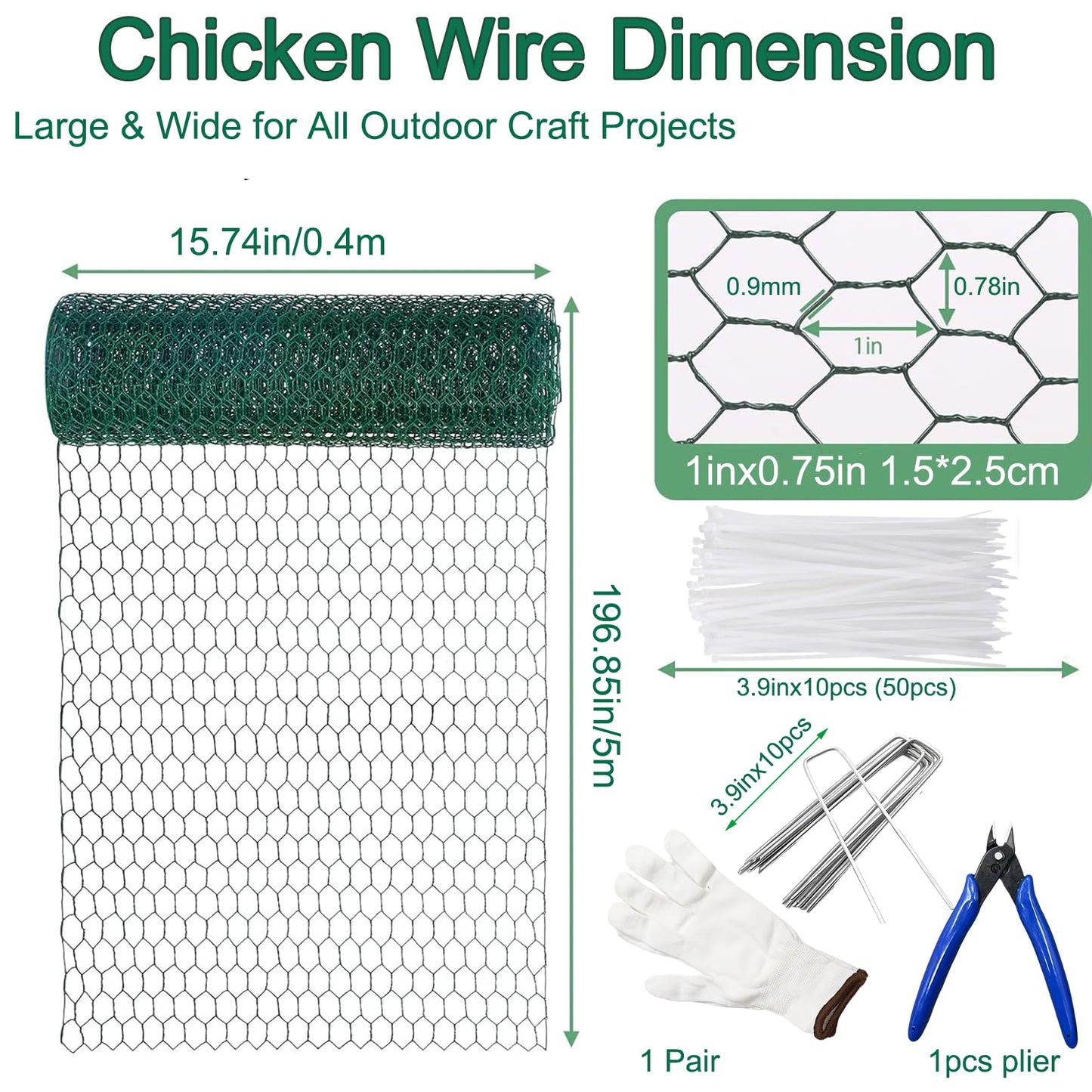 Chicken Wire Mesh,16.4 Ft x 15.4In Plant Protectors from Animals,Coated Green Chicken Wire Mesh,Stakes,Pliers,Gloves,Outdoor Anti-Rust Garden Animal Barrier Fence for Chicken Coop Barrier Rabbit Cage