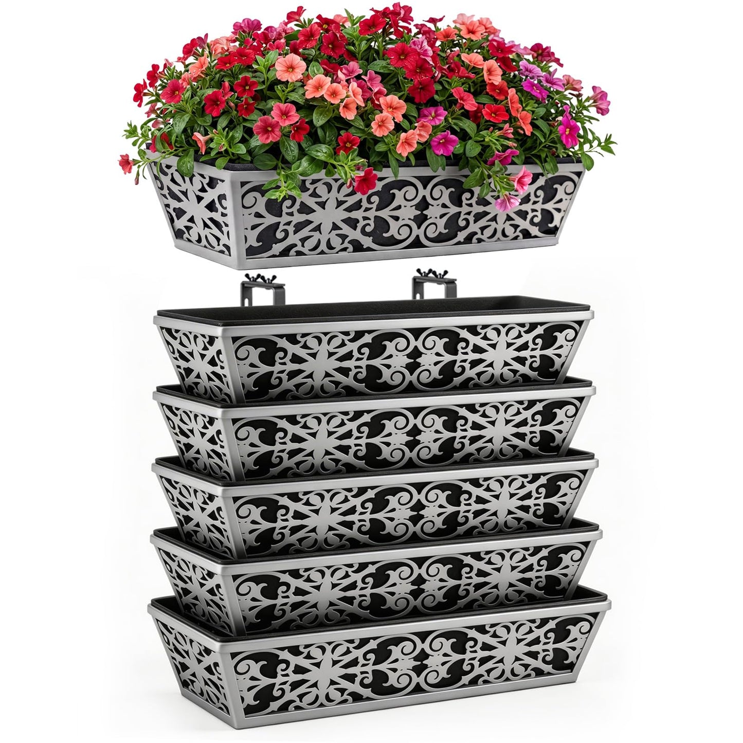 6 Pack 24 Inch Window Boxes Planter for Outdoor Plants Deck Railing Planters Box with Adjustable Brackets for Porch Fence Balcony Hanging Flower Baskets with Non-Woven Fabric Liner for Garden Decor