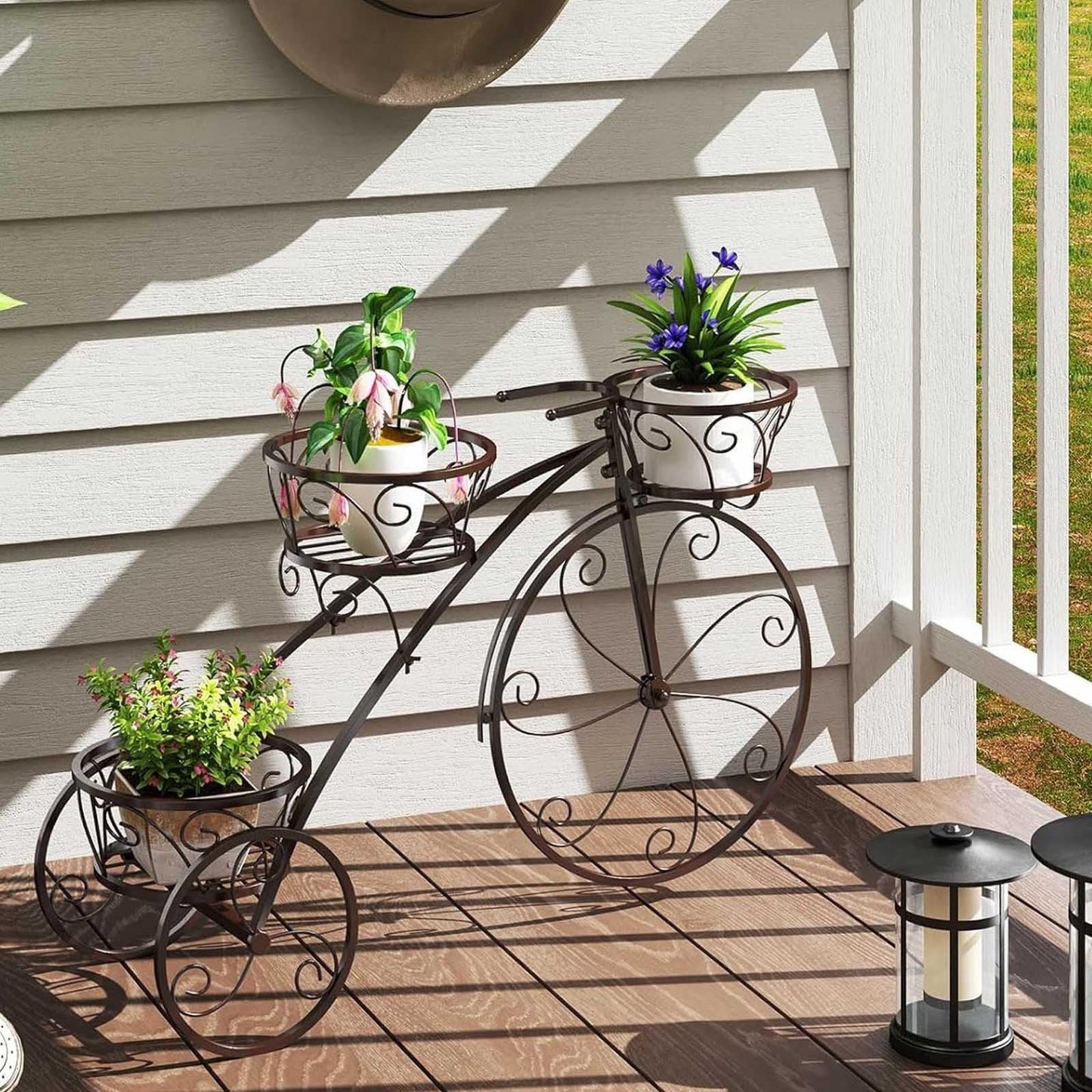 Metal Bicycle Plant Stand,3-Tier Tricycle Planter with Hollowed Baskets,Flower Display Stand Cart with 3 Decorative Wheels,Tricycle Plant Stand for Outdoor Indoor Home Balcony Backyard(Bronze)
