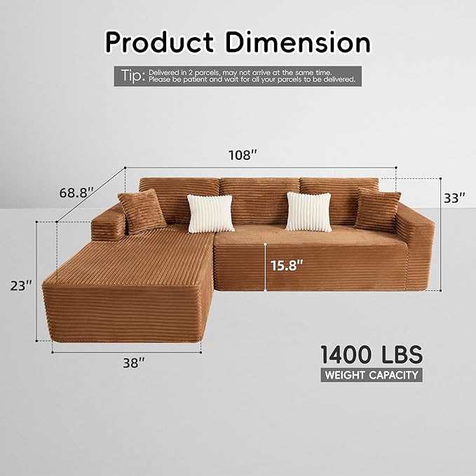Opiesit 108" Boneless Couches for Living Room, Modular Sectional Sofa