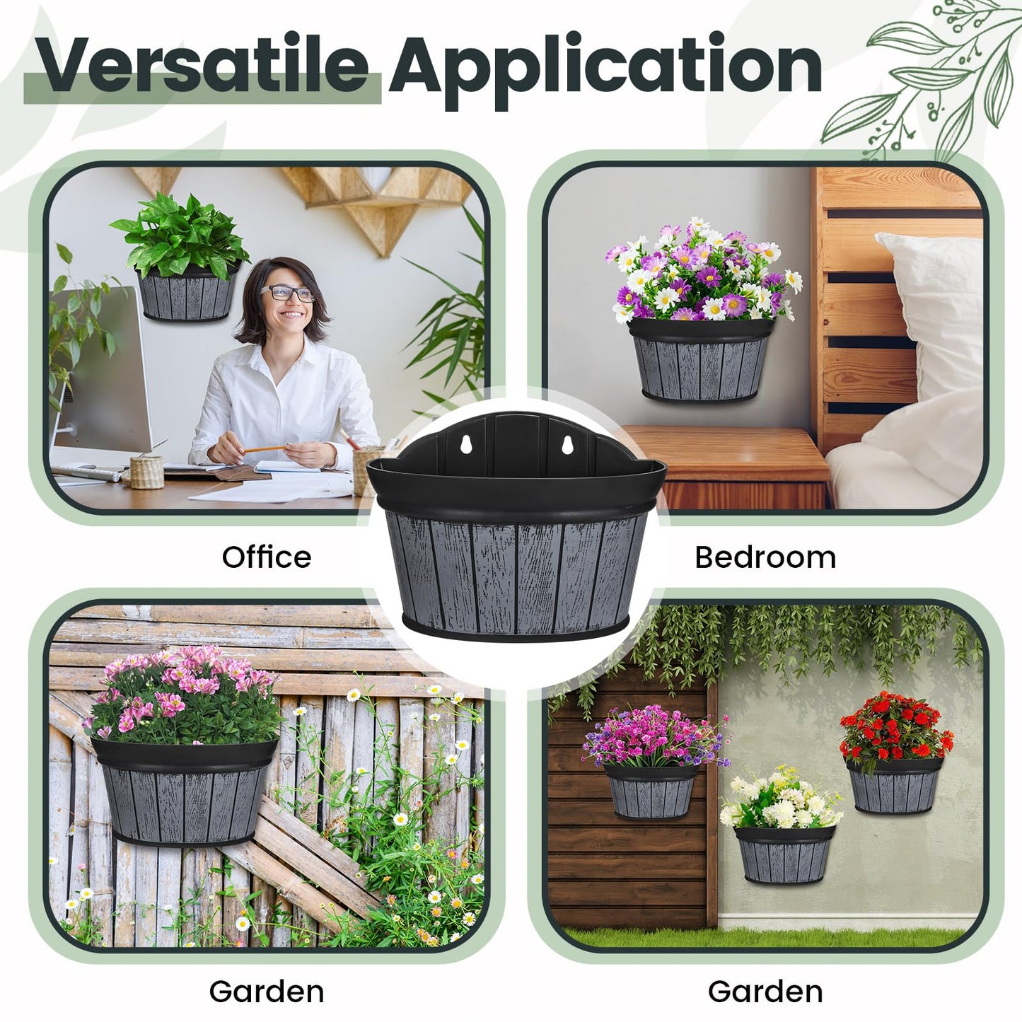 Layhit 6 Pcs Wall Hanging Planters Outdoor Pot Planter Wine Barrel Planter Distressed Oak Thickened Plastic Water Storage Flower Pots for Flower Indoor Outdoor(10 Inches,Black)