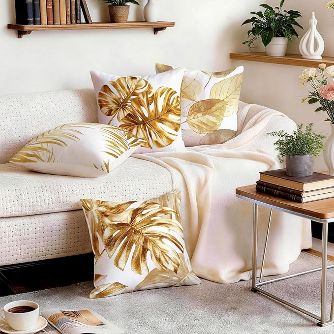 OBSEDE Golden Leaf Illustration Decorative Throw Pillow Covers 18 × 18 in