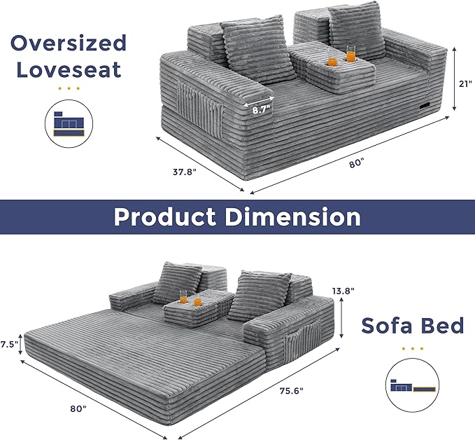 MAXYOYO Loveseat Sofa Bed, Striped Faux Fur Foldable Floor Sofa Couch in A Box