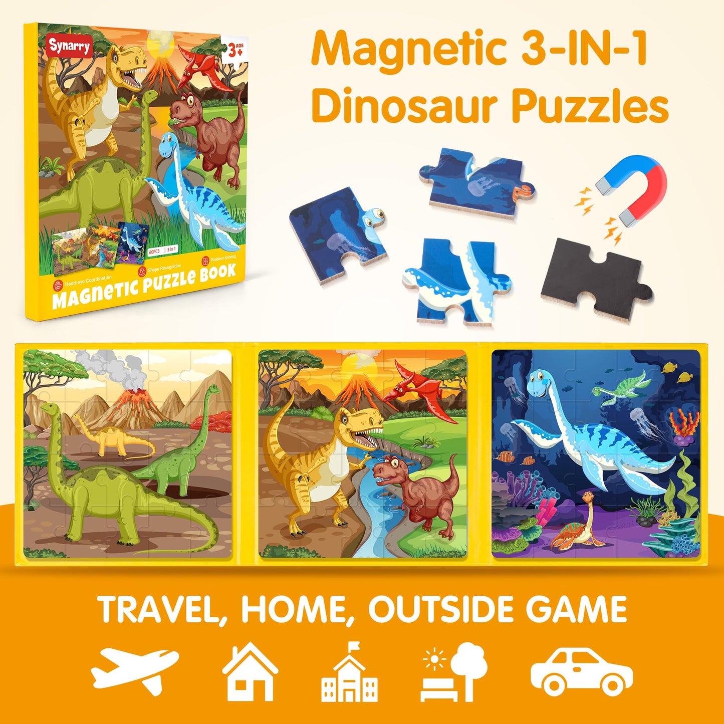 SYNARRY Magnetic Dinosaur Puzzles for Kids Ages 3-5, 20 Pieces Puzzles for Toddlers 4-6, Easter Basket Stuffers Gifts for Kids, Car Airplane Road Trip Activities Magnet Games Toy for Boys Girls