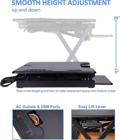 Rocelco 46" Height Adjustable Standing Desk Converter - Desktop AC USB Charger - Sit Stand Up Triple Monitor Riser - Tall Computer Workstation - Retractable Keyboard Tray - Black (R DADRB-46-ACUSB)