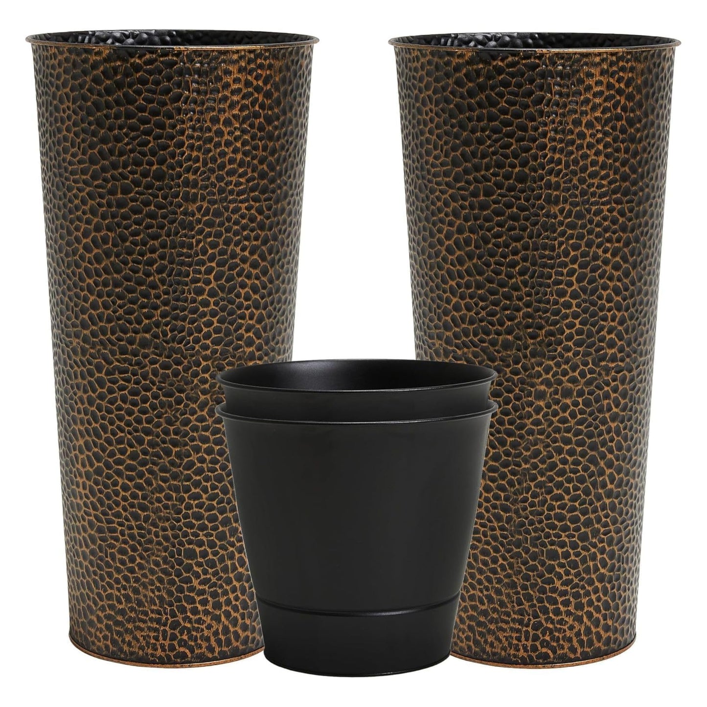 Worth 2 Pack 28" Tall Narrow Metal Planter with Inside Pot for Indoors or Outdoors, Deck, Patio or Front Porch, Hand-Hammered Texture, Bronze