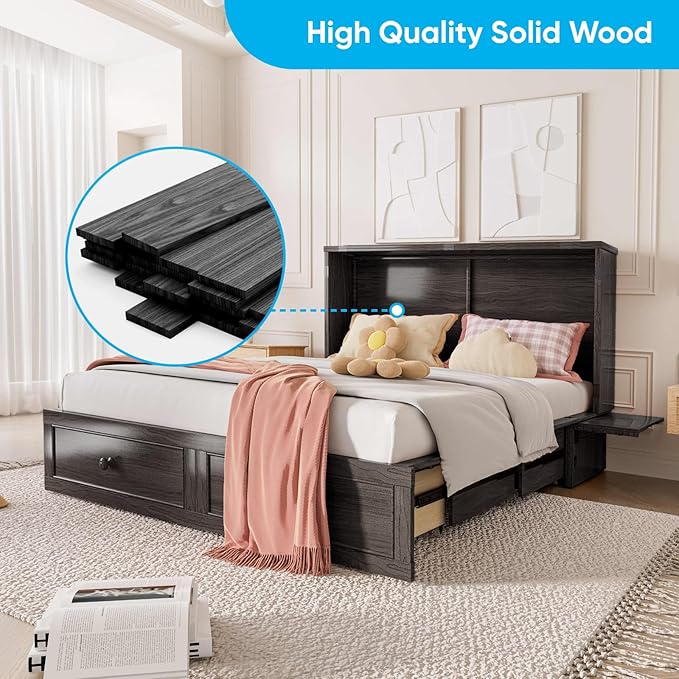 Mjkone Murphy Cabinet Bed Queen Size, Solid Wood Mobile Wall Beds Chest