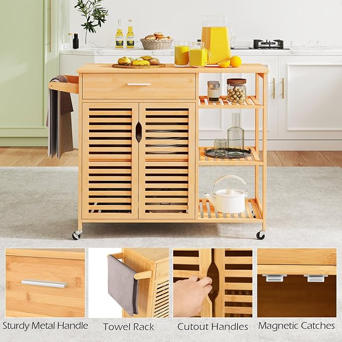 Giantex Bamboo Kitchen Island Cart, Mobile Serving Cart
