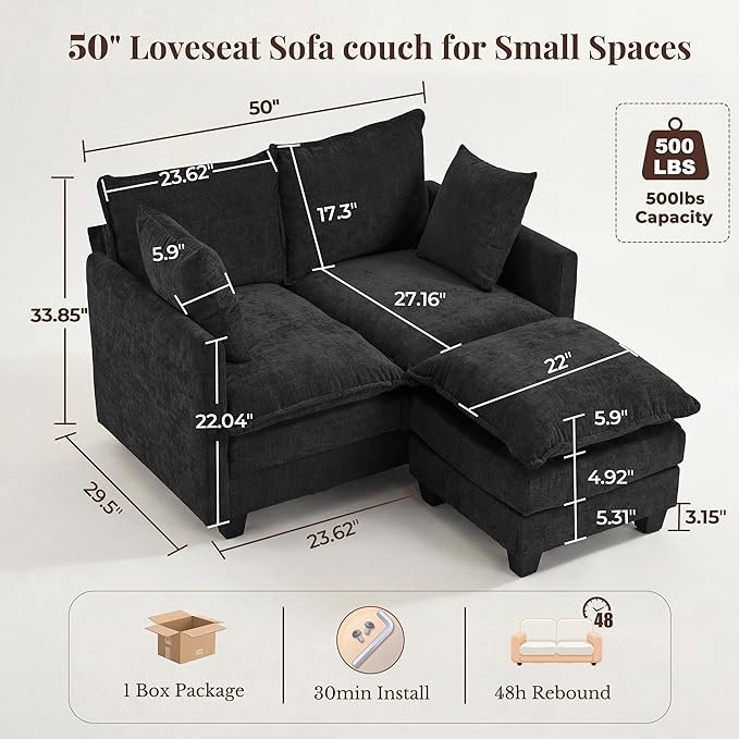 Loveseat Sofa with Ottoman, Cloud 3-Layer Cushion, Living Room, in a Box