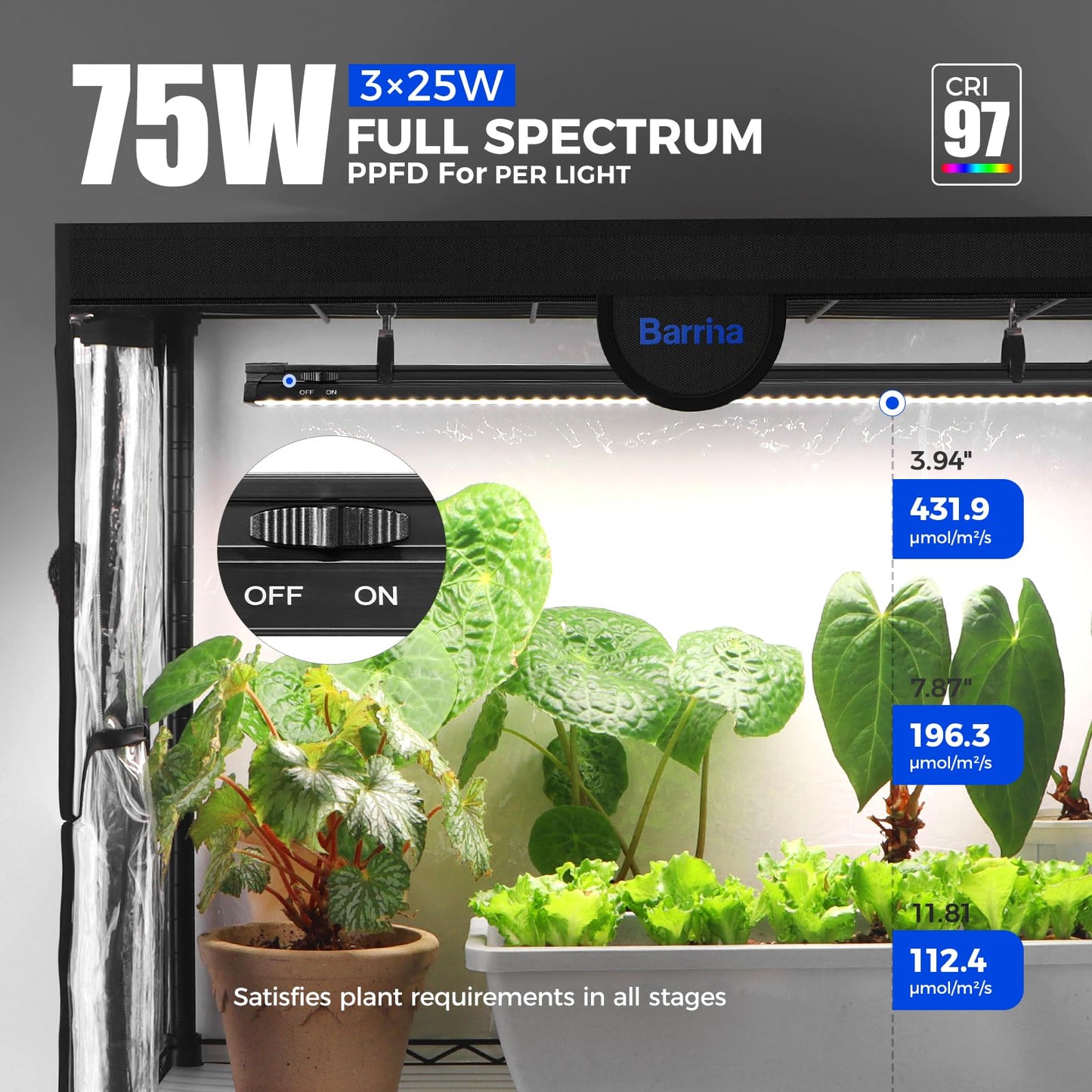 Barrina LP600 Indoor Greenhouse with Grow Light, 75W TX-S25 1.6FT 5000K, 4-Tier Plant Stand with Full Spectrum Lights, Plant Shelf with Tent, Timer & Thermometer for Seed Trays,Growth,23.6x13.8x59.1IN