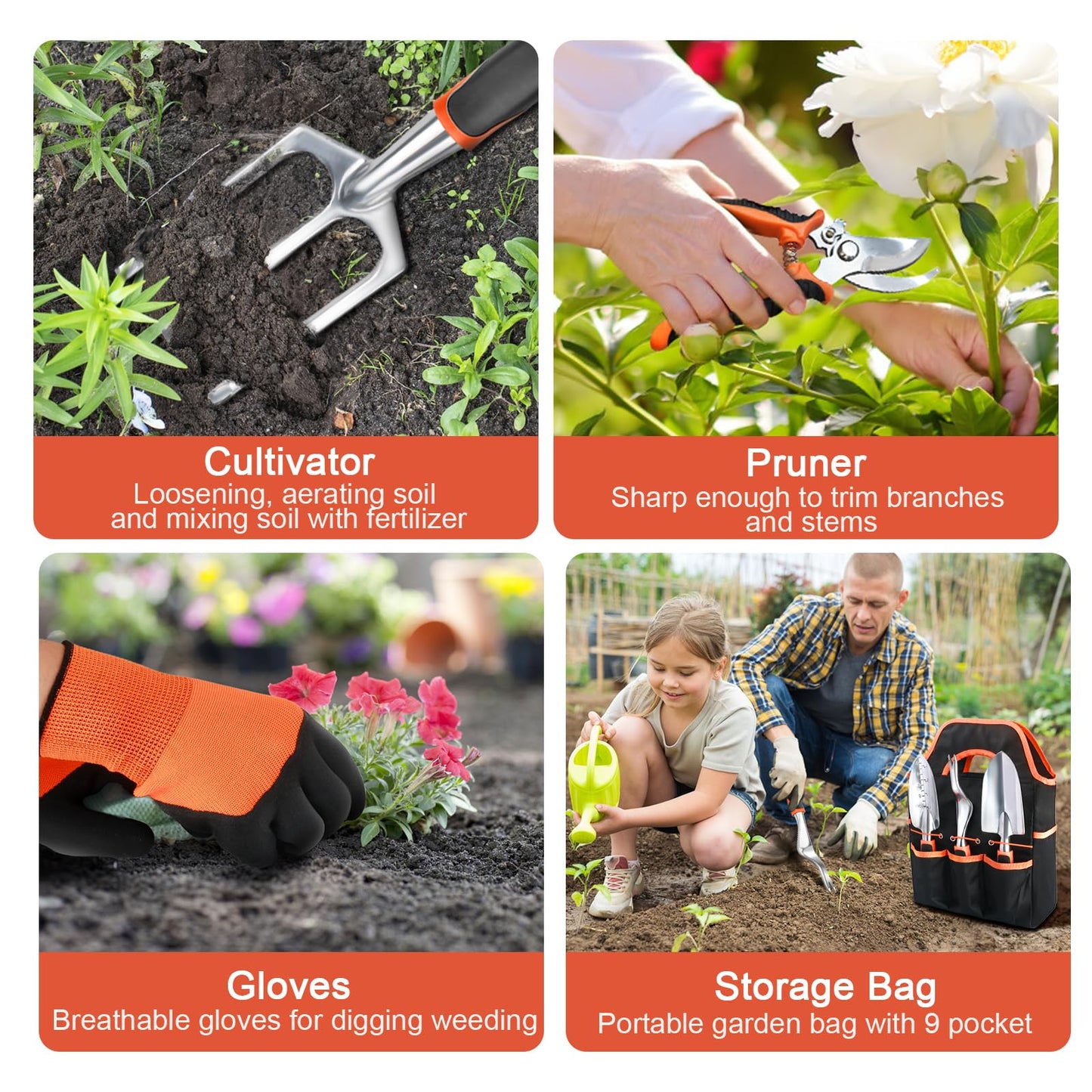 Garden Tools Set, 8 Piece Gardening Tools Set with Non Slip Ergonomic Handle, Heavy Duty Garden Tool Set with Storage Bag, Gardening Kit for Women, Garden Hand Tools Gift for Women and Men, Orange