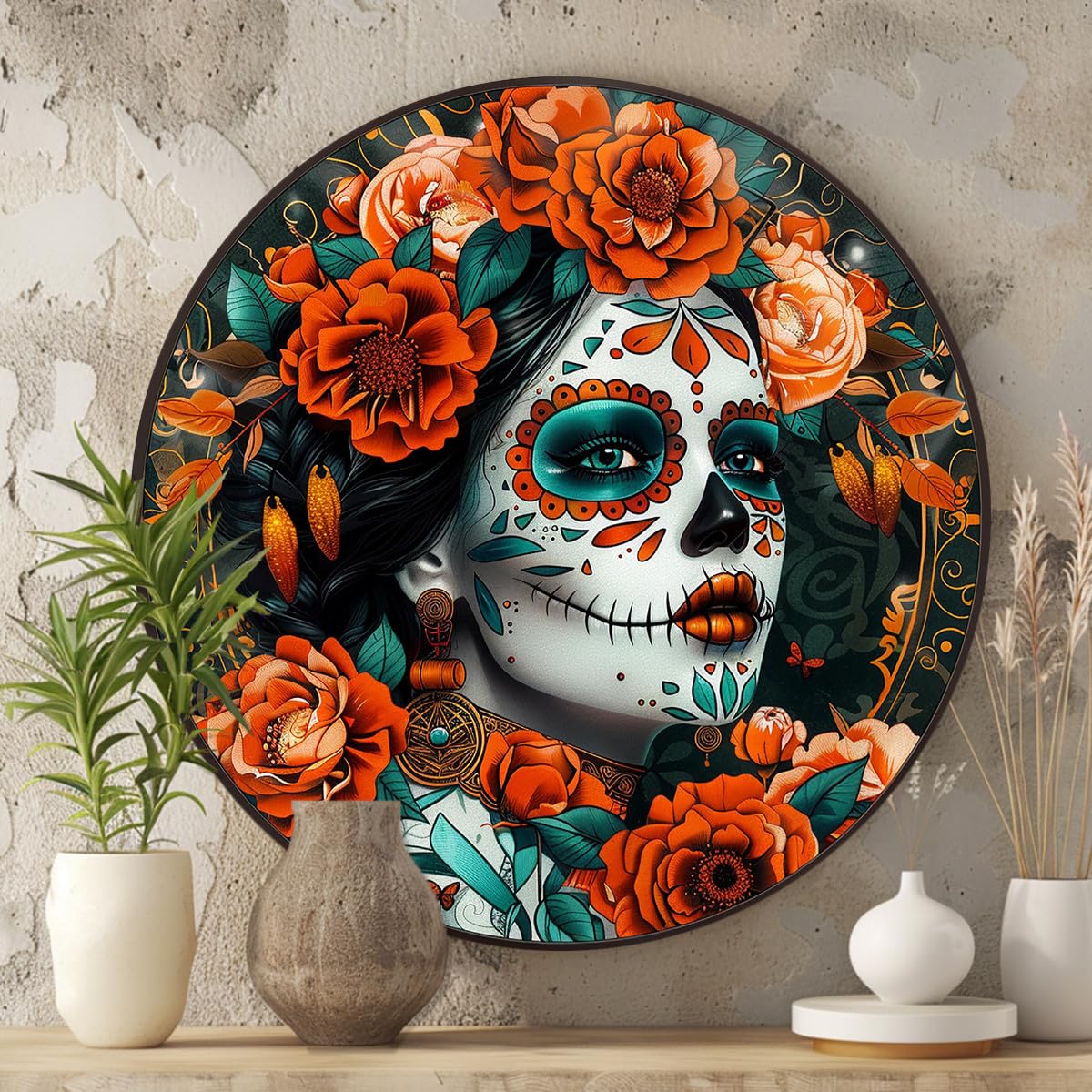 Classic Calavera Sugar Skull Round Aluminum Sign Halloween Autumn Wall Hanging Wall Art Decorative Signs & Plaques 8x8 Inch. Perfect for Bedroom, Living Room, Office, and Entryway Decor. Dreamy Artistic Style.