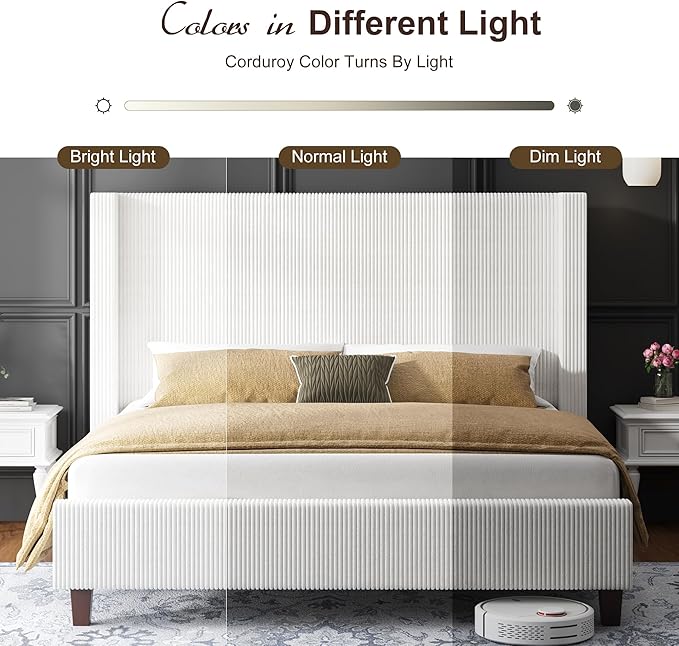 HOWE King Size Bed Frame with 50.8" Tall Wingback Headboard, Modern Corduroy