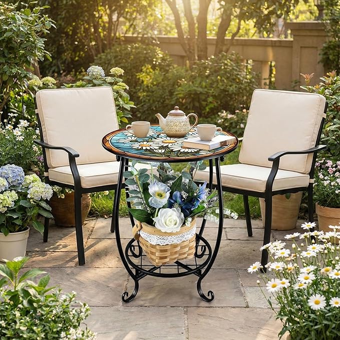 Cinnvoice Outdoor Side Table Round Small Mosaic Patio Accent Indoor End Plant
