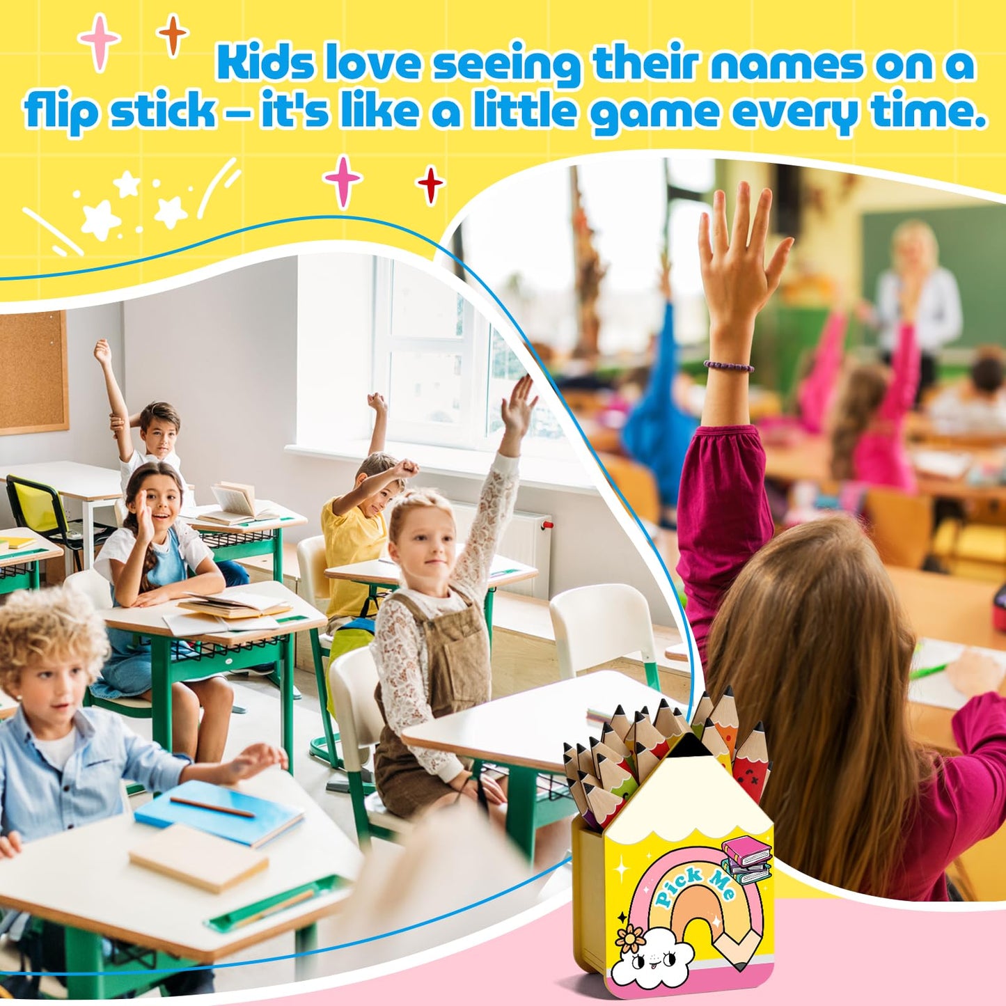 Flip Name Sticks with Wooden Pencil Box, 36Pcs Talking Sticks for Classroom Management Tools, Teacher Essentials Student Educational and Learning Activities Equity Sticks for Classroom Must Haves