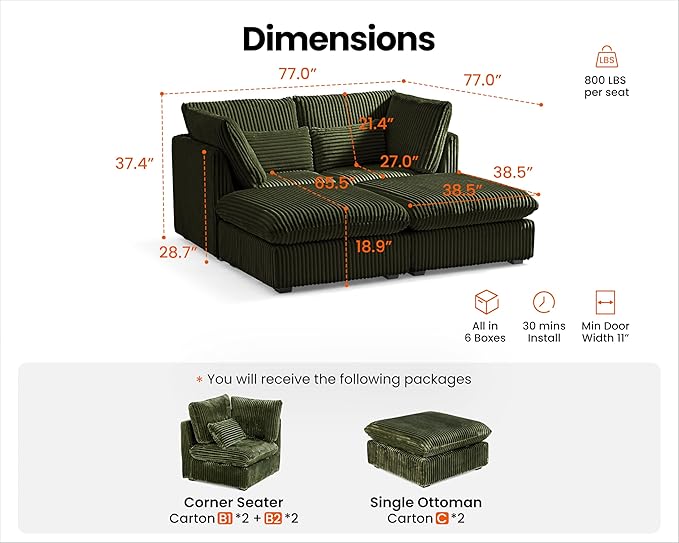 77" Oversized Corduroy Couch Modular Sectional Sofa, Washable Cloud Couch