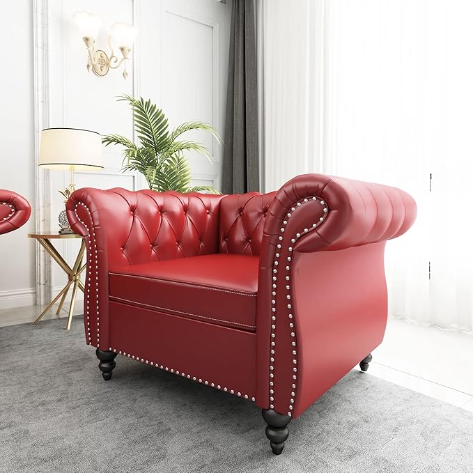 ORRD 2 Piece Living Room Set, Chesterfield Leather Sofa Loveseat Couch Chair