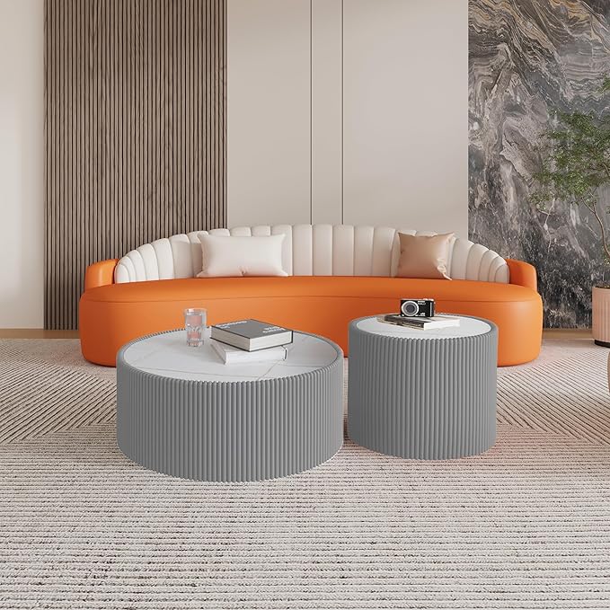 29.52" Round Marble Coffee Table, Modern Fluted Coffee Table w/White Sintered