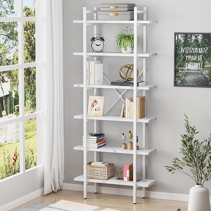 Bookshelf 6 Tiers White Wooden Storage Shelf, Modern Open Display Storage