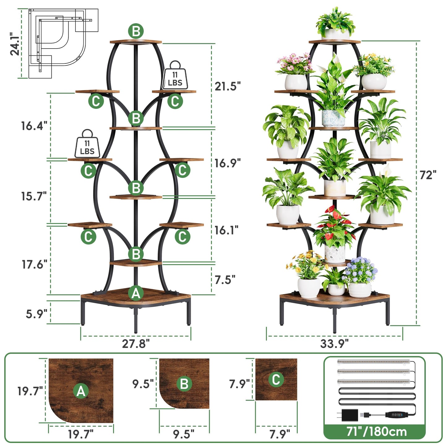 LATIBELL 72'' Tall Corner Plant Stand Indoor with Grow Light - 11 Tiered Metal Plant Shelf for Indoor Plants, Curved Display Rack Capable of Holding Large Pots in Living Room, Patio & Balcony, Black