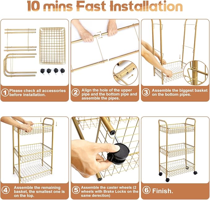 3 Tier Mesh Rolling Utility Cart, Gold Metal Organization Cart with Lockable Wheels, Multifunctional Storage Trolley Service Cart for Kitchen Living Room Office Salon