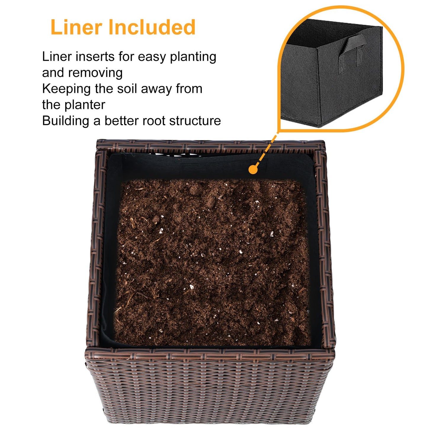 SUNNYPARK Brown Square Planter Box All-Weather PE Rattan Large Modern Planters with Removable Liner Indoor Outdoor Decorative Flower Pot for Patio, Balcony, Garden